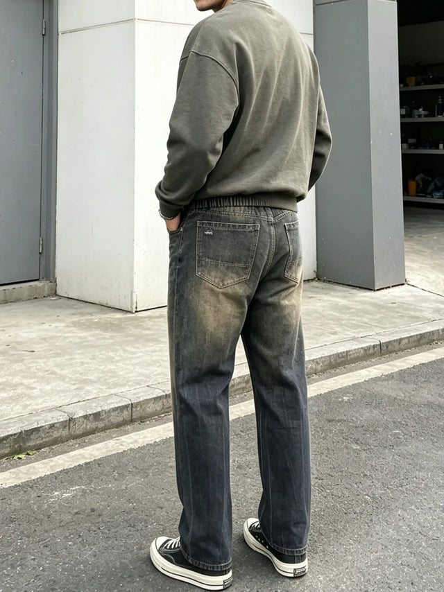 Men's Vintage Washed Denim Pants, Elastic Waistband Straight-Leg Jeans For Men