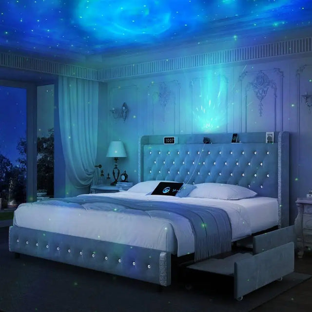 Queen LED Bed Frame With Galaxy Star Lights & 4 Storage Drawers