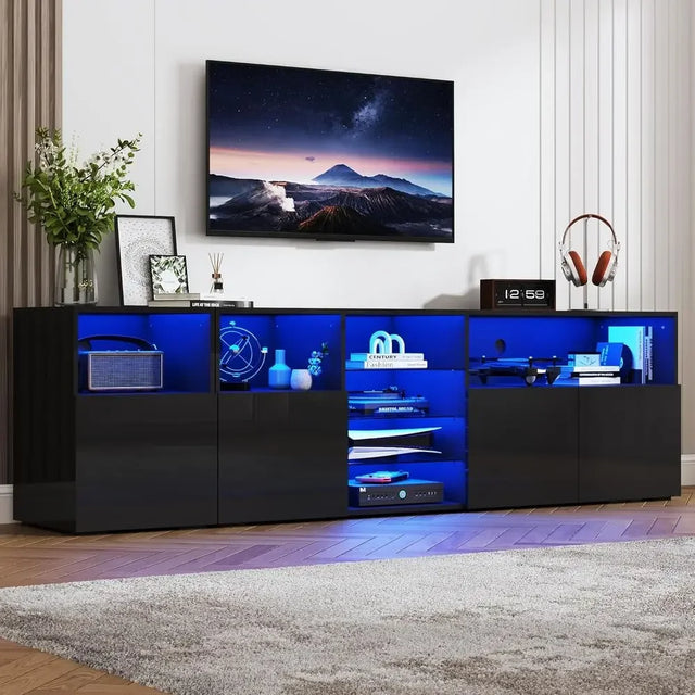 85 Inch TV Stand with Power Outlet, High Gloss Entertainment Center, LED Lights