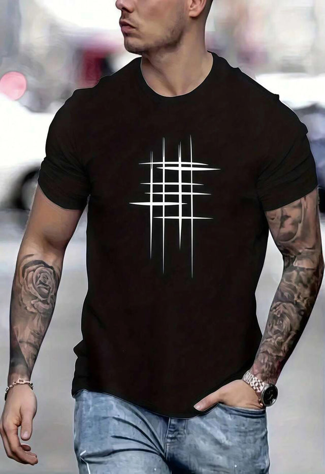 1pc Men's Geometric Lines Print Black T-Shirt, Unisex Casual Crew Neck T-Shirt