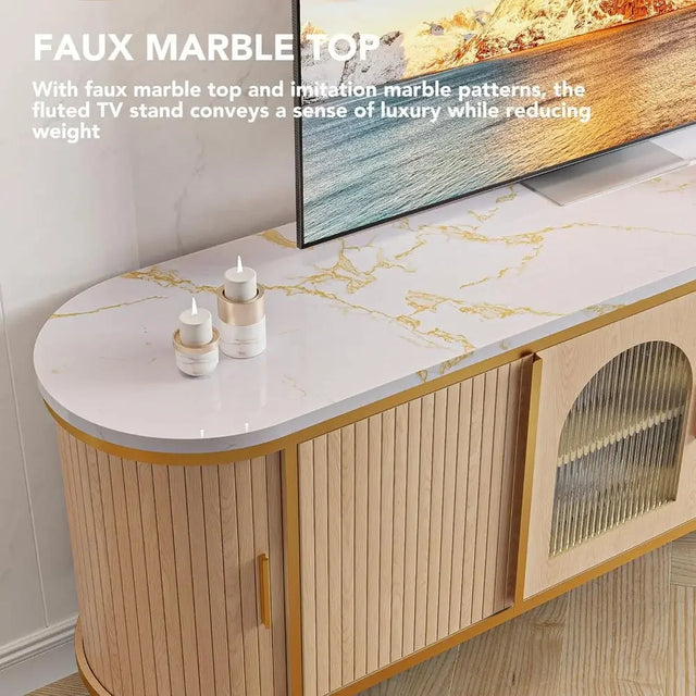70 Oak TV Stand with Glass Door, Adjustable Shelves, Sliding Door