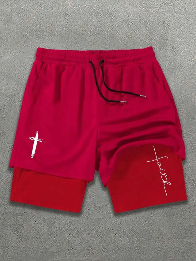 Men's Sports Casual Street Style Cross Graphic Print Knit Drawstring Shorts, Beach Shorts