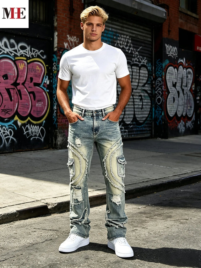 Men's Vintage Denim Pants, Stacked Ripped Flared Jeans with Layered Frayed Stitching