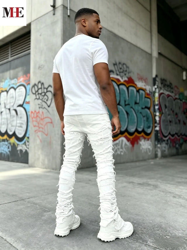 Men's White Denim Pants, Stacked Ripped Slim Flared Jeans with Layered Frayed Details