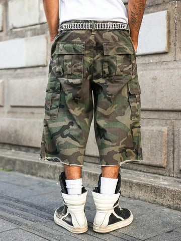 Men's Casual Cargo Pockets Camouflage Frayed Hem Loose Denim Shorts Jorts Going Out Hang Out