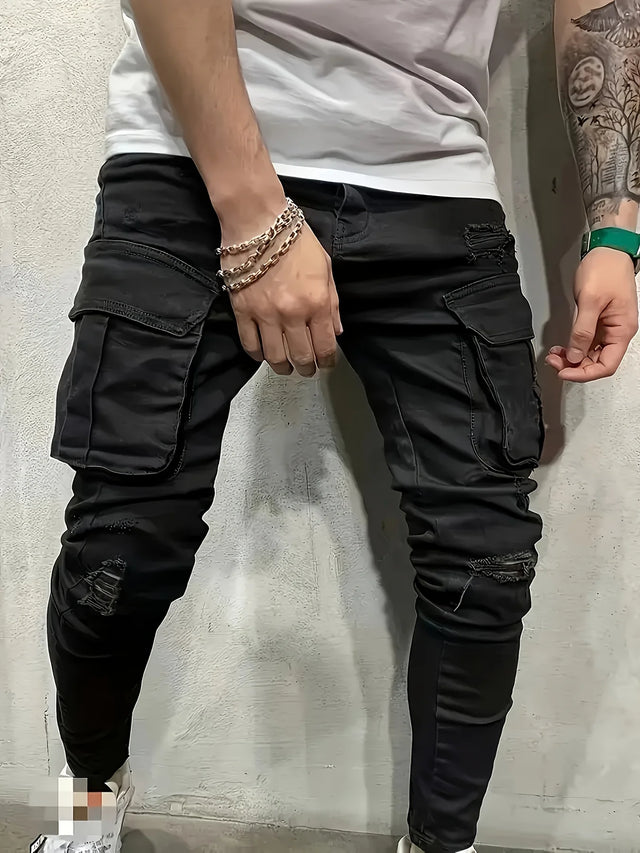 Men's Slim Fit Elastic Denim Jeans with Side Pockets Cotton Stretchy Casual Trousers
