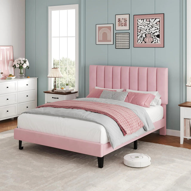 Twin Full Queen Upholstered Platform Bed Frame, Adjustable Tufted Headboard, Wood Slats