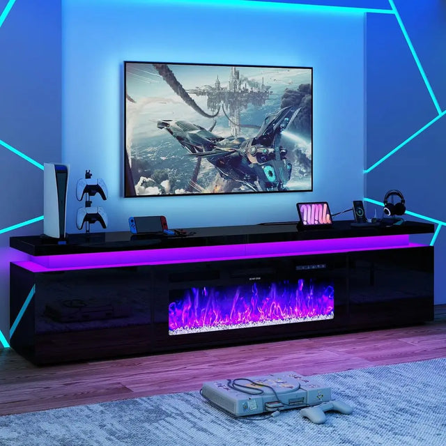 83 Black Electric Fireplace TV Stand with Power Outlet, 40 Insert, High Gloss Finish