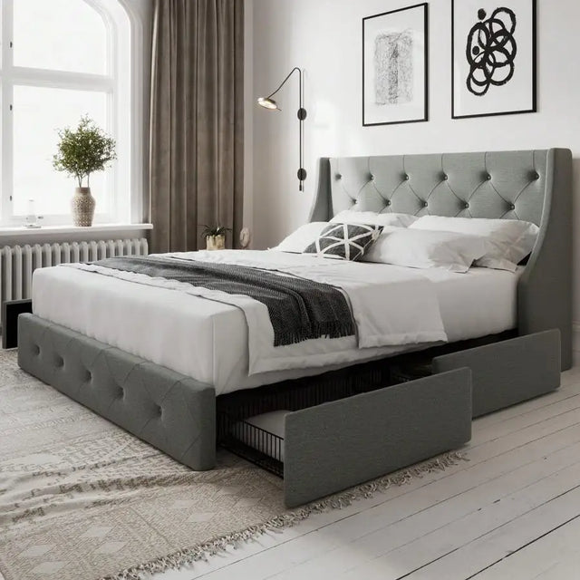 Bed Frame With 4 Storage Drawers And Wingback Headboard, Button Tufted Design
