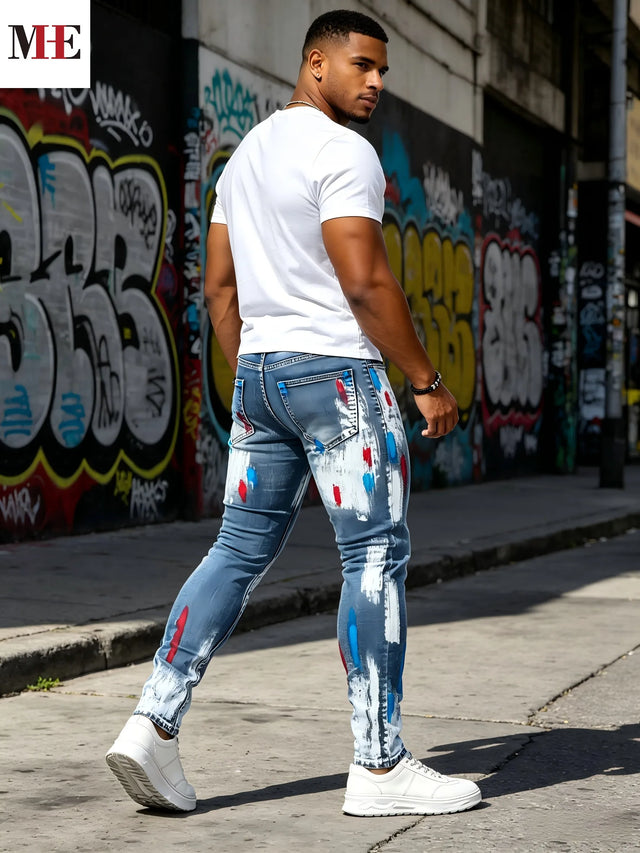 Men's Light wash slim tapered denim pants with red blue hand-painted graffiti brush print