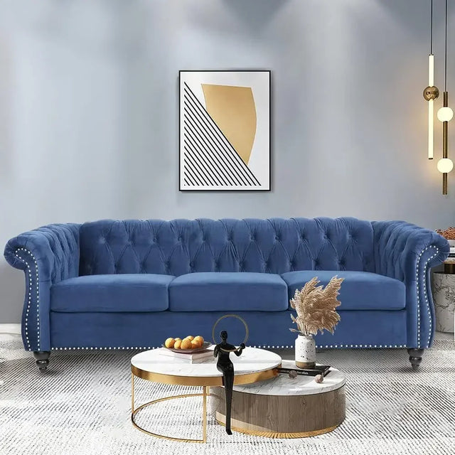 Blue Velvet 3-Seater Sofa with Tufted Back for Living Room