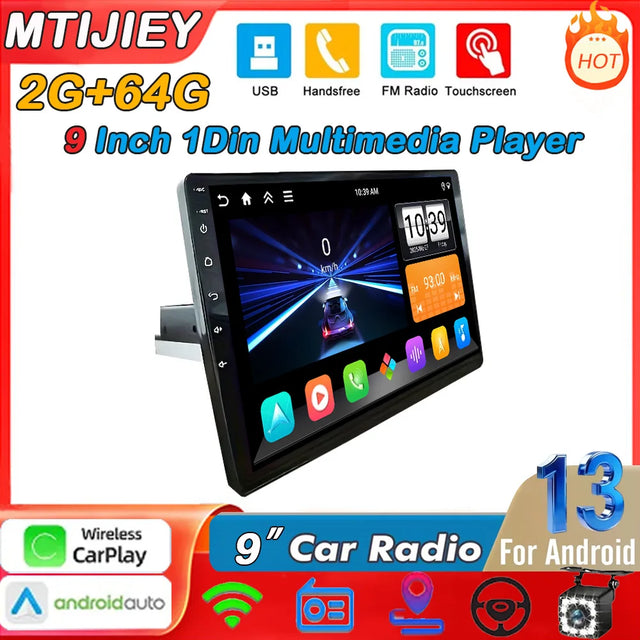 MTIJIEY 9-Inch Android 13 Car Stereo with Wireless CarPlay, GPS & 2+64GB