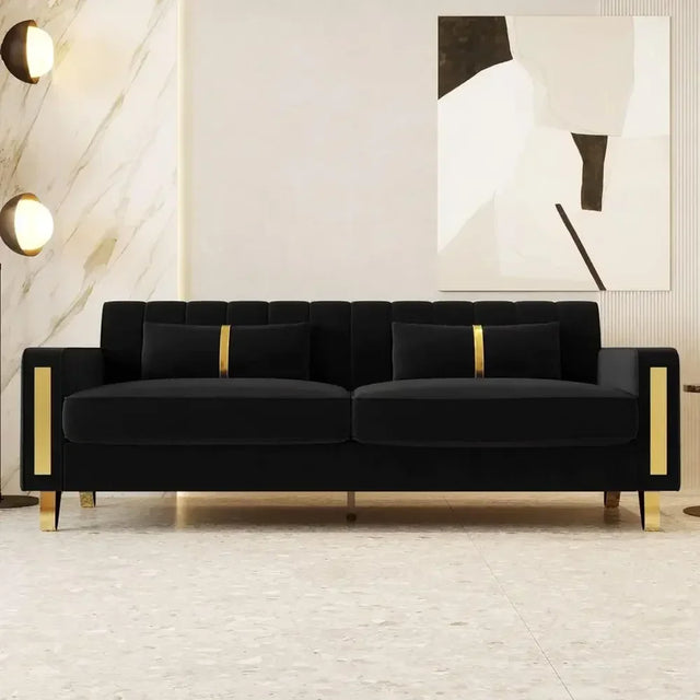 Large 3 Seater Black Velvet Sofa with Gold Legs for Living Room or Bedroom