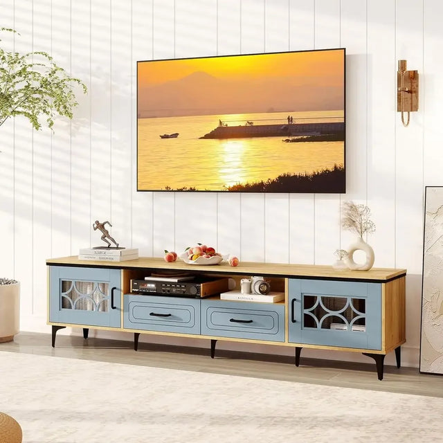 Oak & Bluish Gray TV Stand for 80 TVs, Entertainment Center with Storage, Side Cabinets