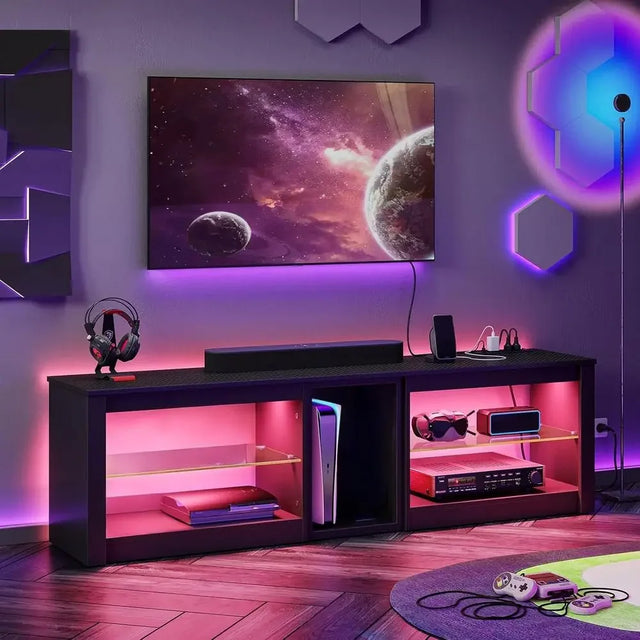 70 TV Stand with Power Outlets, LED Entertainment Center
