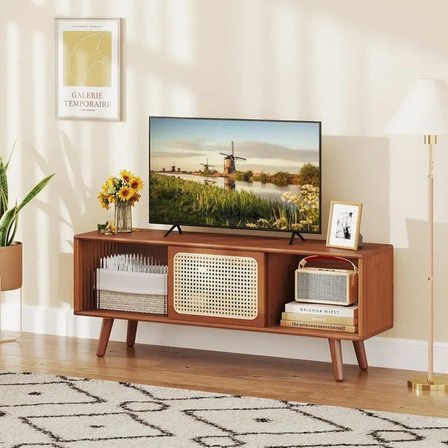 55 TV Stand, Bamboo Entertainment Center with Tempered Glass Sliding Doors