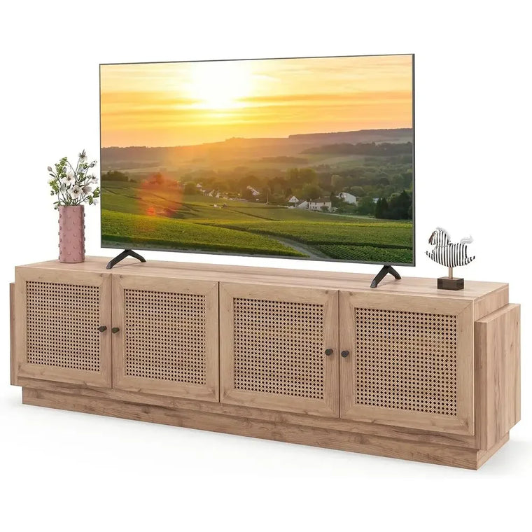 Rattan TV Stand for 75-Inch TVs with Storage and Adjustable Shelves