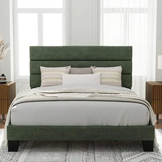 Twin/Full/Queen/King Size Platform Bed Frame With Fabric Upholstered Headboard And Wooden Slats