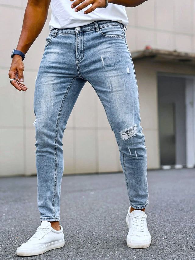 Men's Casual Jeans Sky Blue Slim Vintage Distressed Ripped Craft Jeans Standard Mid Rise