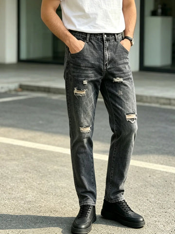 Men's Distressed Ripped Denim Pants For Men, Vintage Washed Frayed Denim Jeans