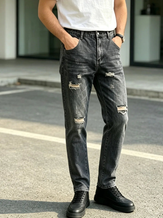 Men's Distressed Ripped Denim Pants For Men, Vintage Washed Frayed Denim Jeans