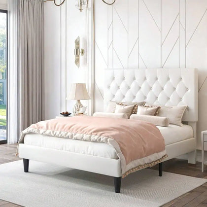 Full/Queen/King Bed Frame With Adjustable Diamond Stitched Button Tufted Headboard/Faux Leather