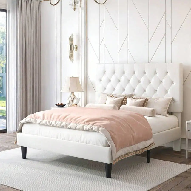 Full/Queen/King Bed Frame With Adjustable Diamond Stitched Button Tufted Headboard/Faux Leather
