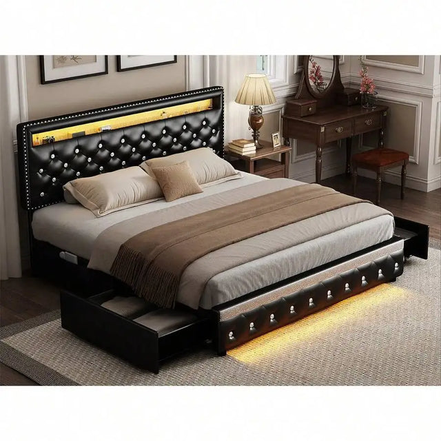 Queen Size Bed Frame RGB LED Upholstered Platform Bed Frame With 2 Storage Drawers Headboard PU
