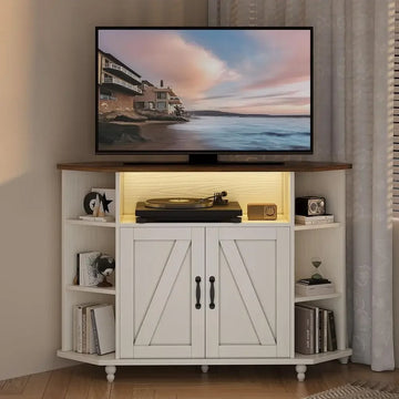 50 Inch TV Stand, White, with LED Lights and Adjustable Shelves