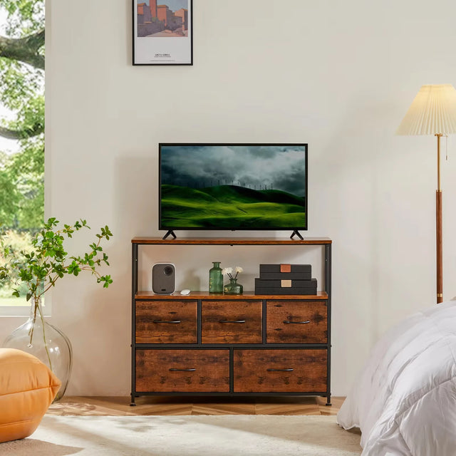 Fireplace TV Stand Dresser For Bedroom With 5 Fabric Drawers Storage Closet Chest Storage