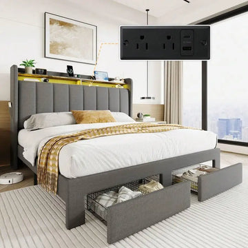 Full/Queen/King Size Platform Bed Frame With Vertical Channel Tufted Wingback Headboard