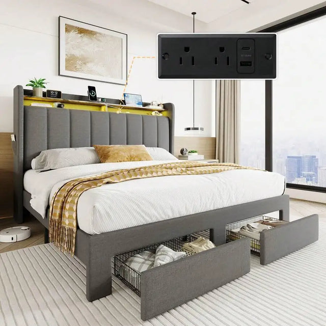 Full/Queen/King Size Platform Bed Frame With Vertical Channel Tufted Wingback Headboard