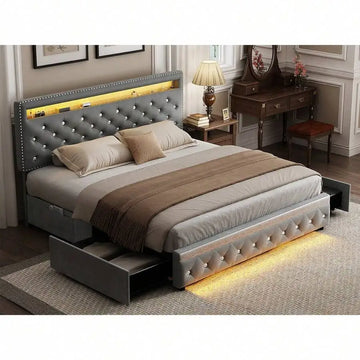 Queen Size Bed Frame RGB LED Upholstered Platform Bed Frame With 2 Storage Drawers Headboard PU