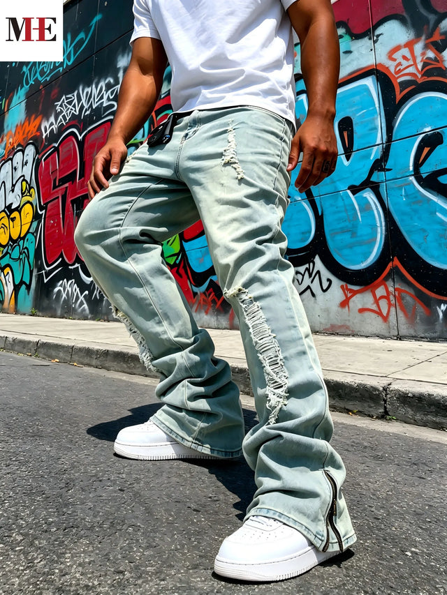 Men's Flared Denim Pants, Light Blue Vintage Jeans with Rips & Zipper Hem for Casual Style
