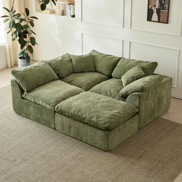 Modern Cloud L-Shaped 3-Seater Oversized Deep Seat Chenille Fabric Sofa Green Modular Sectional