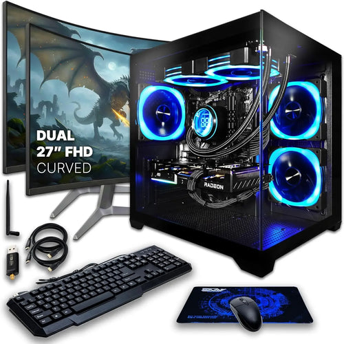 SAAV Drex Gaming PC Bundle – Core i7, RX 9060 XT, Dual 27-Inch Monitors