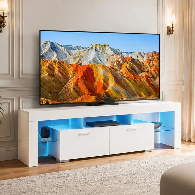 White TV Stand for 65-75 Inch TVs with Storage