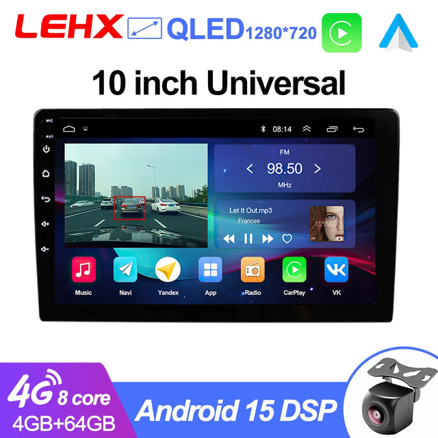 LEHX 10-Inch Android 15 Double-DIN Car Stereo with Wireless CarPlay & GPS