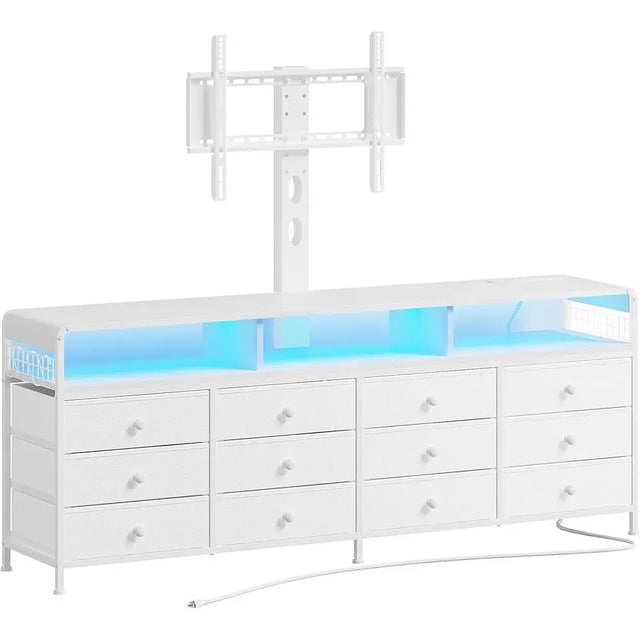 67 White TV Stand for 32-70 TVs with Adjustable Mount, Charging Station, LED Lights