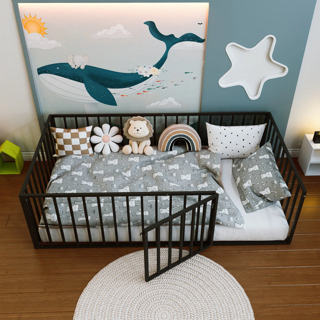 Twin Size Metal Montessori Floor Bed Frame with Safety Guardrails & Door