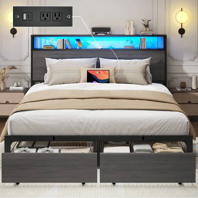 Queen & Full Bed Frame With Storage, 2-Tier Storage Headboard & Built-In Drawers