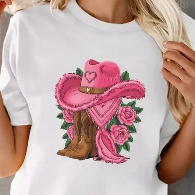 Western Cowboy Hat Boot Style Women's T-Shirt Casual Short-Sleeve Daily Street Round Neck