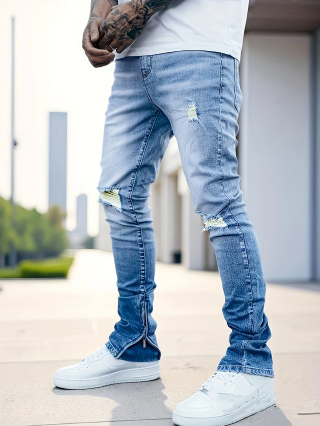 Men's Slim Fit Elastic Denim Jeans Bell Bottom Distressed Cotton Zipper Pocket Pants