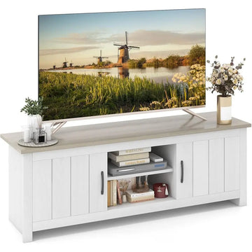 65 TV Stand with 57 Media Table, 2 Cabinets, Open Shelves