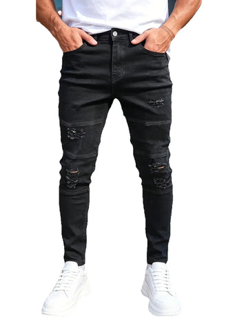 Men's American moto street solid black washed denim pants highlighted by layered stitching