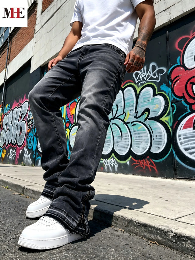 Men's Stretch Denim Pants, Black Gray Flared Jeans with Zipper Hem for Comfortable Fit