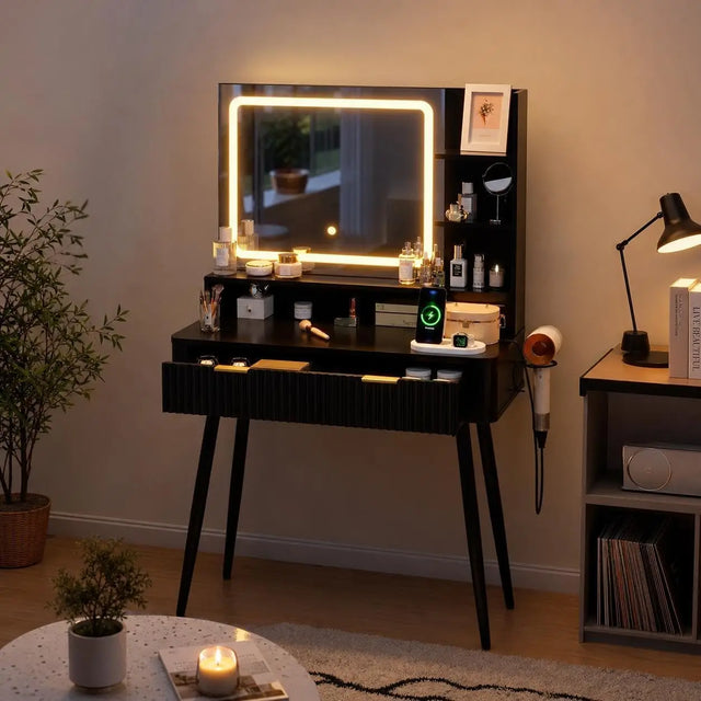 31.5 Inch LED Vanity Table With Lighted Mirror 2 Drawers 3 Color Lighting Modes And Built