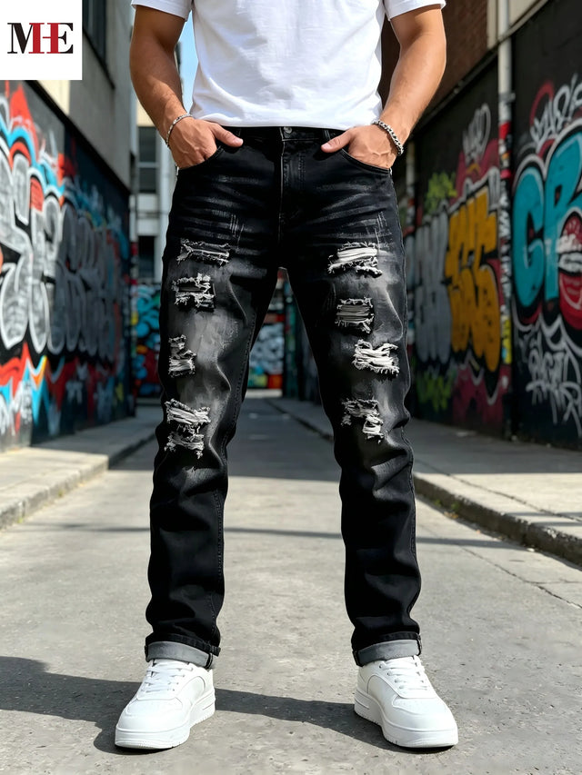 Men's Black grey snow wash loose straight denim pants with multi-layer frayed ripped holes
