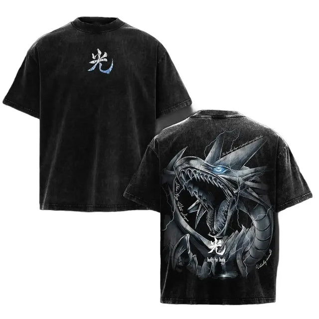 Anime Yu Gi Oh Blue Eyes White Dragon Clothing Men Women Casual T-Shirt Washed Cotton Tee Retro
