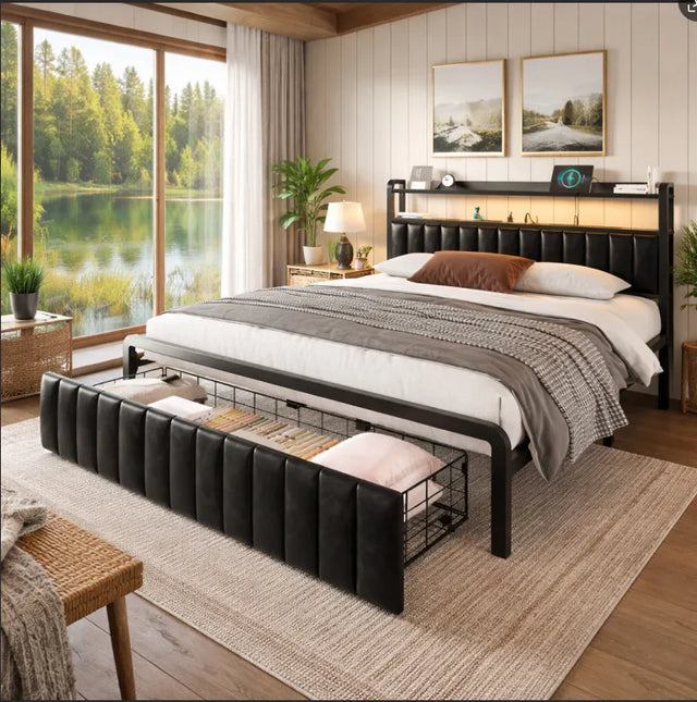 Full/Queen Size Bed Frame with 2-Tier Storage Headboard and Storage Drawers